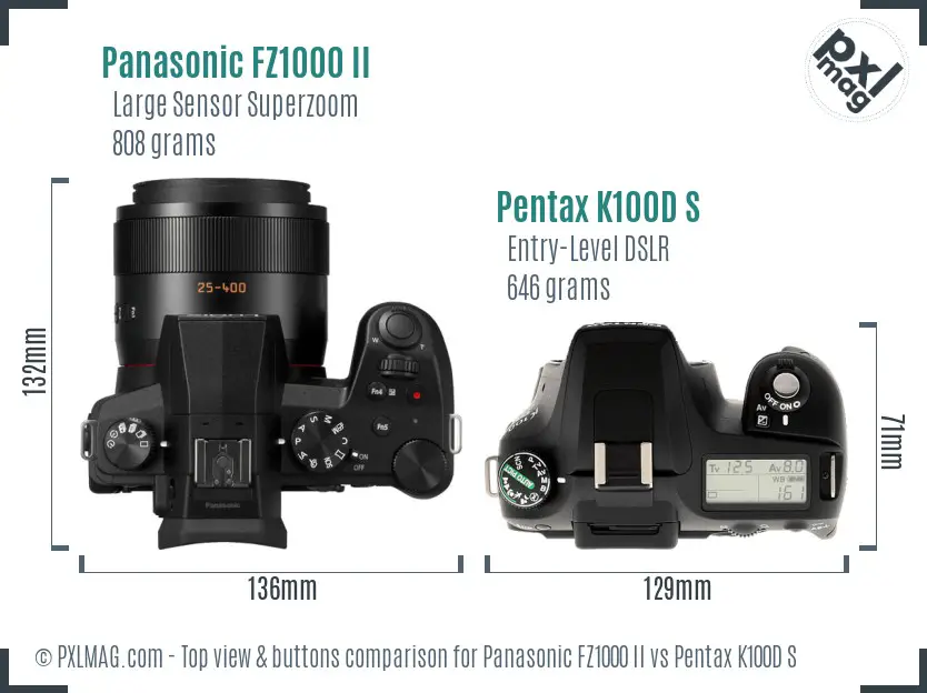 Panasonic FZ1000 II vs Pentax K100D S top view buttons comparison