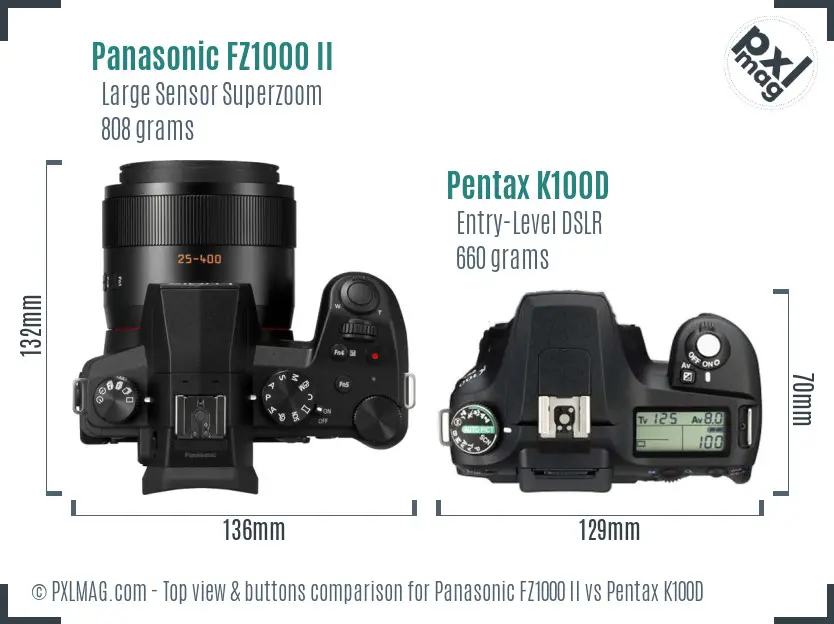 Panasonic FZ1000 II vs Pentax K100D top view buttons comparison