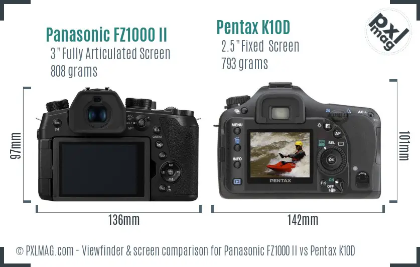 Panasonic FZ1000 II vs Pentax K10D Screen and Viewfinder comparison