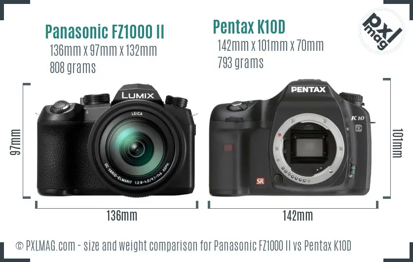 Panasonic FZ1000 II vs Pentax K10D size comparison