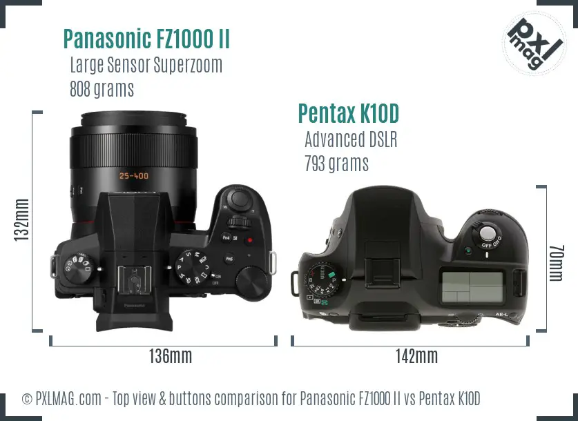 Panasonic FZ1000 II vs Pentax K10D top view buttons comparison