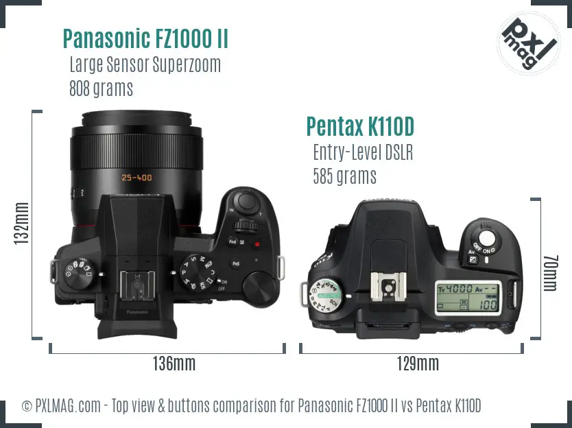 Panasonic FZ1000 II vs Pentax K110D top view buttons comparison