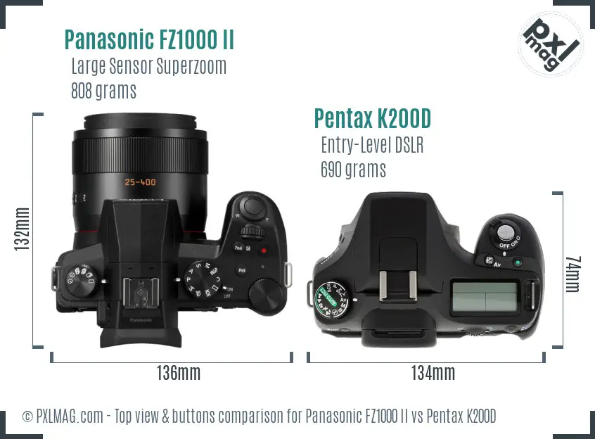Panasonic FZ1000 II vs Pentax K200D top view buttons comparison