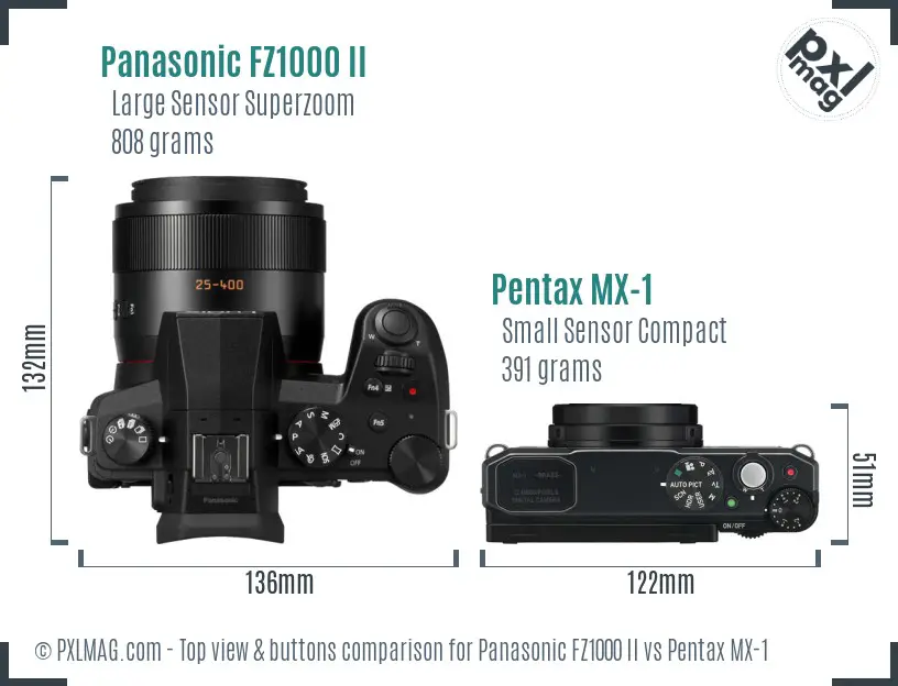 Panasonic FZ1000 II vs Pentax MX-1 top view buttons comparison
