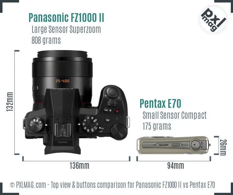 Panasonic FZ1000 II vs Pentax E70 top view buttons comparison