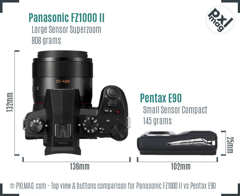 Panasonic FZ1000 II vs Pentax E90 top view buttons comparison