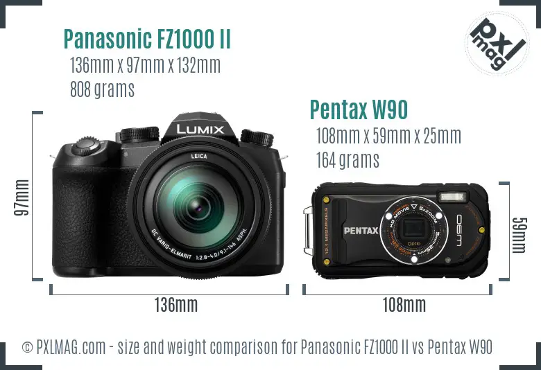 Panasonic FZ1000 II vs Pentax W90 size comparison