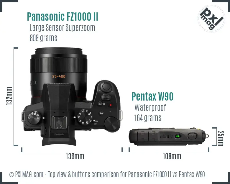 Panasonic FZ1000 II vs Pentax W90 top view buttons comparison