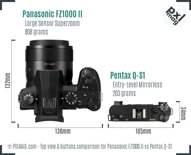 Panasonic FZ1000 II vs Pentax Q-S1 top view buttons comparison