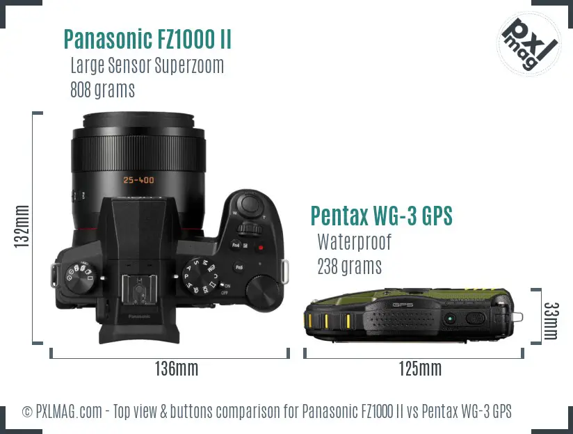 Panasonic FZ1000 II vs Pentax WG-3 GPS top view buttons comparison