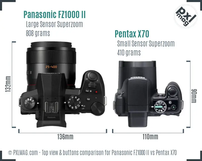 Panasonic FZ1000 II vs Pentax X70 top view buttons comparison