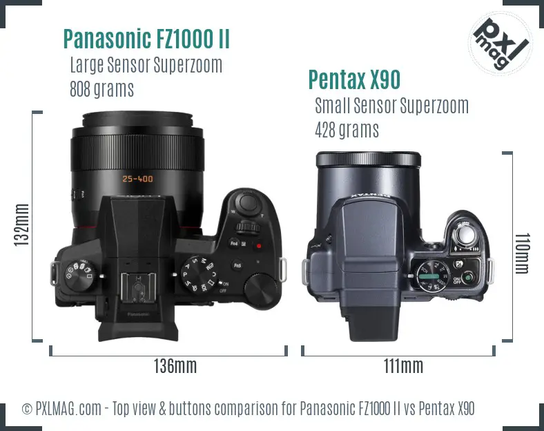 Panasonic FZ1000 II vs Pentax X90 top view buttons comparison