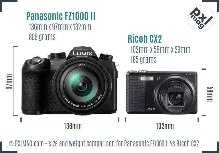 Panasonic FZ1000 II vs Ricoh CX2 size comparison