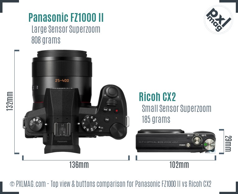Panasonic FZ1000 II vs Ricoh CX2 top view buttons comparison
