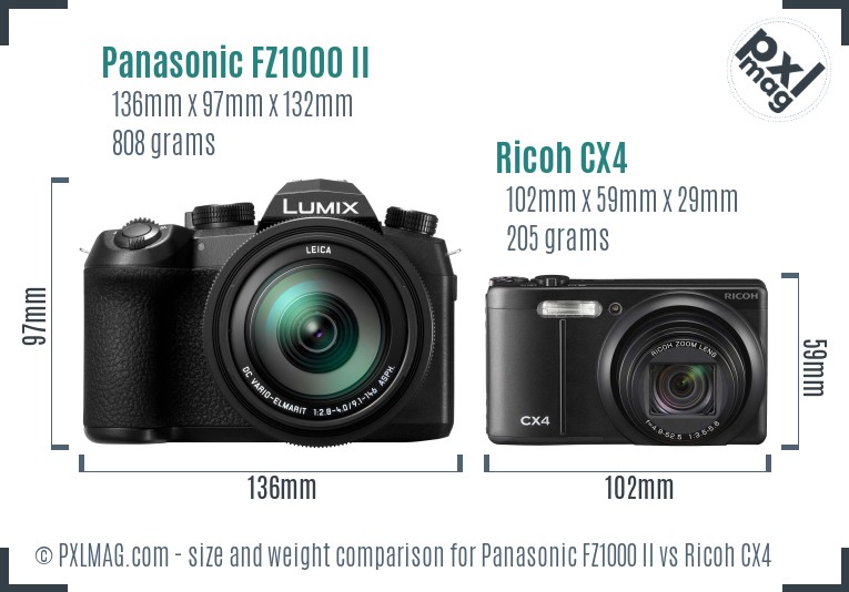 Panasonic FZ1000 II vs Ricoh CX4 size comparison Panasonic FZ1000 II vs Ricoh CX4 size comparison