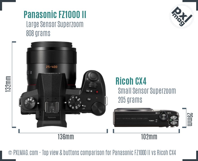 Panasonic FZ1000 II vs Ricoh CX4 top view buttons comparison