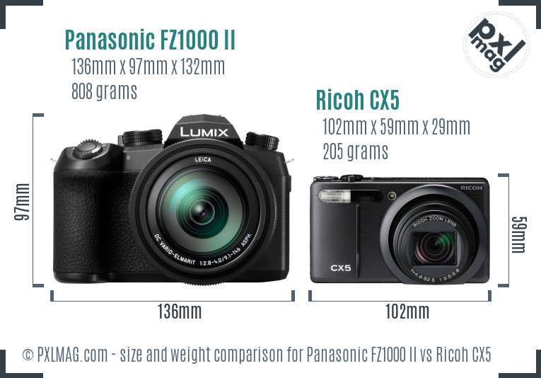 Panasonic FZ1000 II vs Ricoh CX5 size comparison