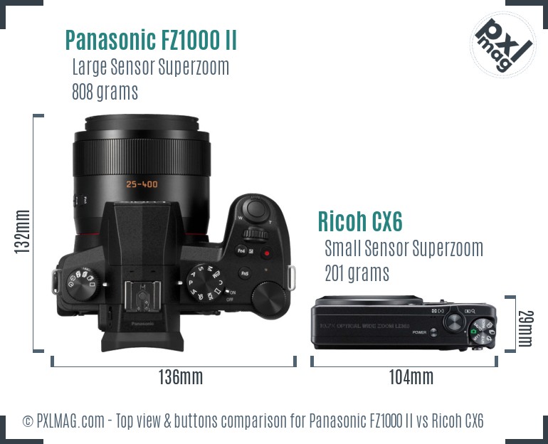 Panasonic FZ1000 II vs Ricoh CX6 top view buttons comparison