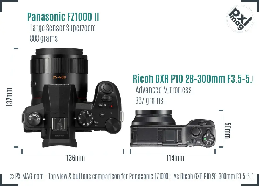 Panasonic FZ1000 II vs Ricoh GXR P10 28-300mm F3.5-5.6 VC top view buttons comparison