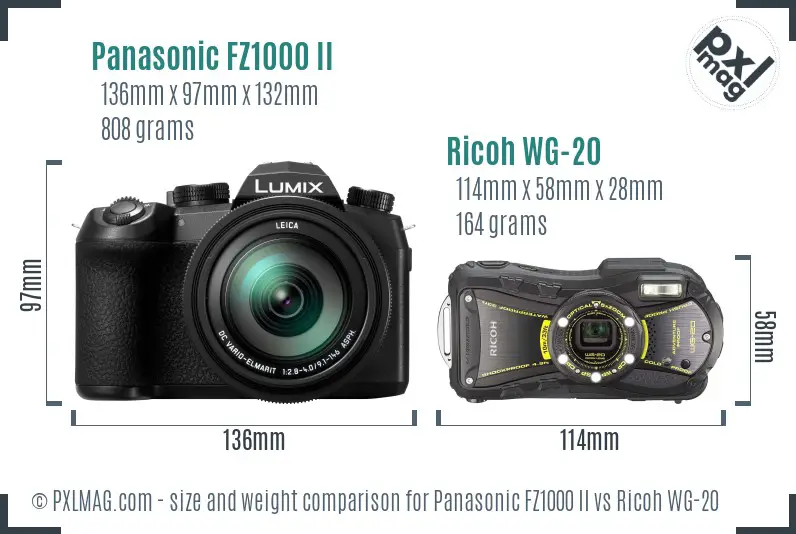 Panasonic FZ1000 II vs Ricoh WG-20 size comparison Panasonic FZ1000 II vs Ricoh WG-20 size comparison