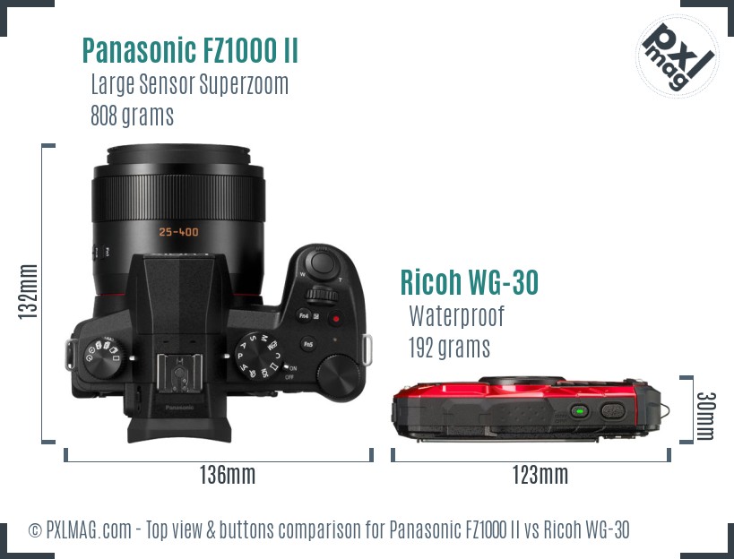 Panasonic FZ1000 II vs Ricoh WG-30 top view buttons comparison