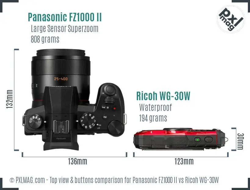 Panasonic FZ1000 II vs Ricoh WG-30W top view buttons comparison