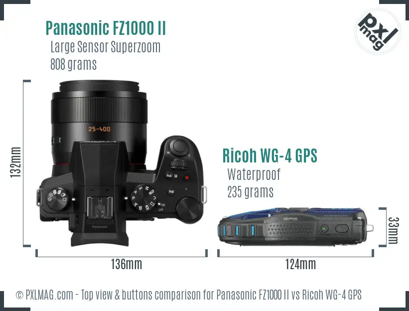Panasonic FZ1000 II vs Ricoh WG-4 GPS top view buttons comparison