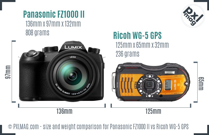 Panasonic FZ1000 II vs Ricoh WG-5 GPS size comparison