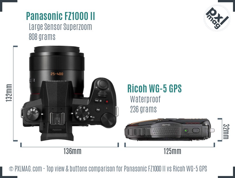 Panasonic FZ1000 II vs Ricoh WG-5 GPS top view buttons comparison