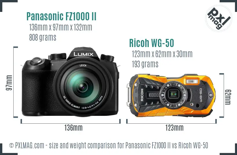 Panasonic FZ1000 II vs Ricoh WG-50 size comparison