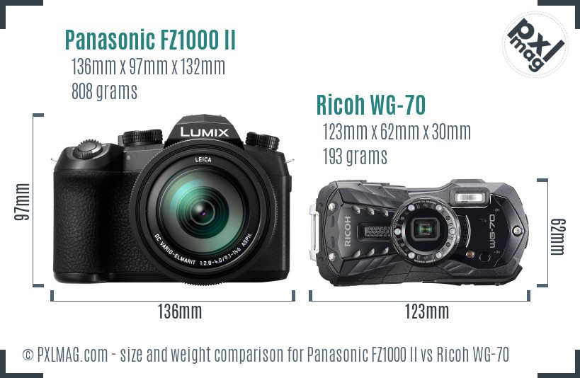 Panasonic FZ1000 II vs Ricoh WG-70 size comparison