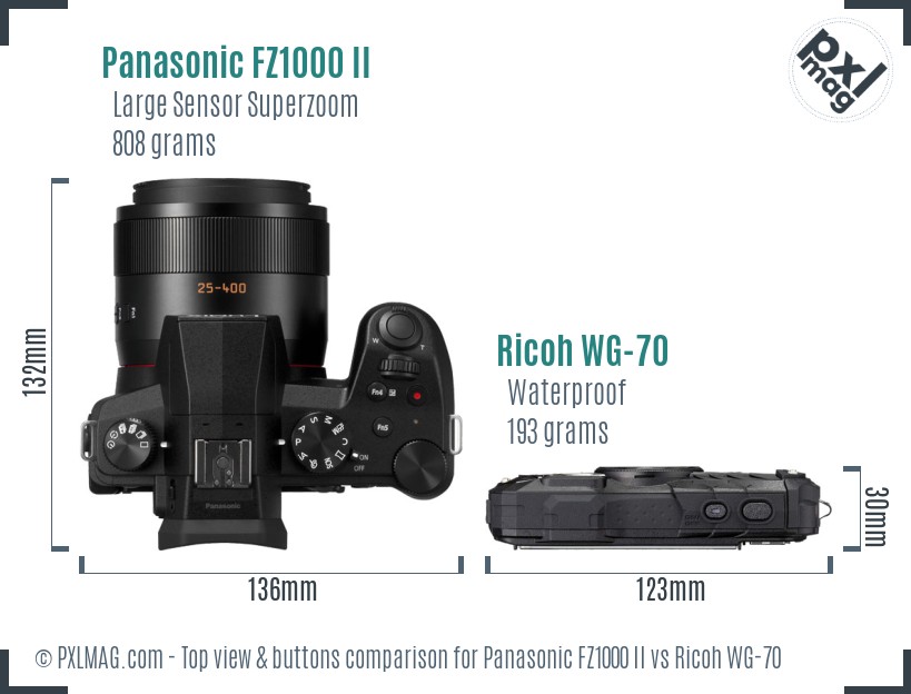 Panasonic FZ1000 II vs Ricoh WG-70 top view buttons comparison