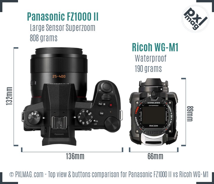 Panasonic FZ1000 II vs Ricoh WG-M1 top view buttons comparison