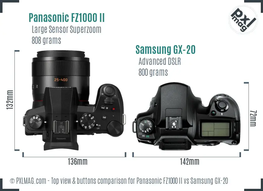Panasonic FZ1000 II vs Samsung GX-20 top view buttons comparison Panasonic FZ1000 II vs Samsung GX-20 top view buttons comparison