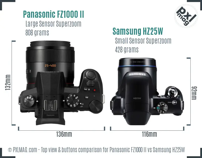 Panasonic FZ1000 II vs Samsung HZ25W top view buttons comparison Panasonic FZ1000 II vs Samsung HZ25W top view buttons comparison