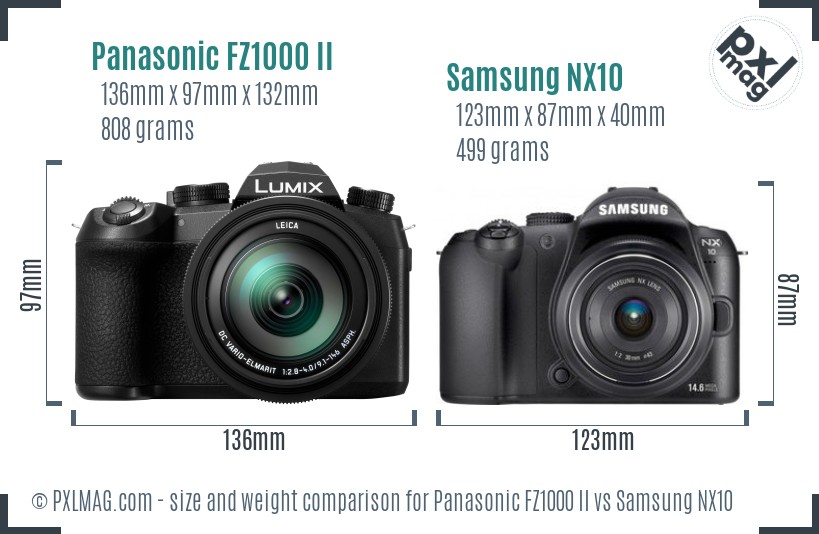 Panasonic FZ1000 II vs Samsung NX10 size comparison Panasonic FZ1000 II vs Samsung NX10 size comparison