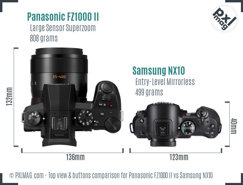 Panasonic FZ1000 II vs Samsung NX10 top view buttons comparison