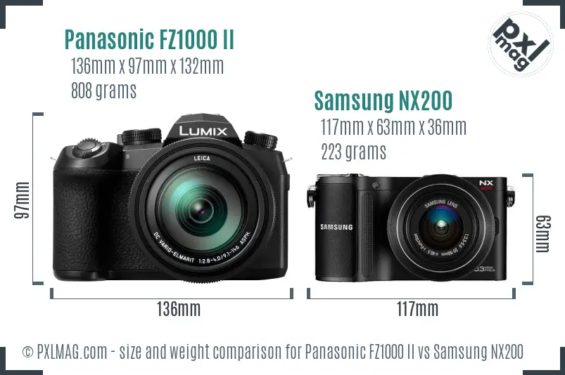 Panasonic FZ1000 II vs Samsung NX200 size comparison Panasonic FZ1000 II vs Samsung NX200 size comparison