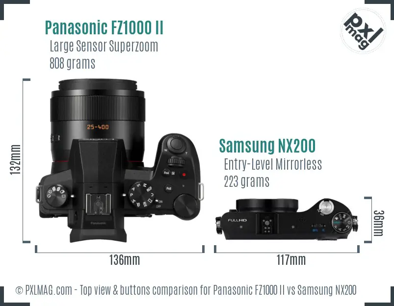 Panasonic FZ1000 II vs Samsung NX200 top view buttons comparison Panasonic FZ1000 II vs Samsung NX200 top view buttons comparison