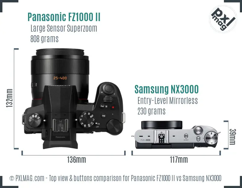 Panasonic FZ1000 II vs Samsung NX3000 top view buttons comparison