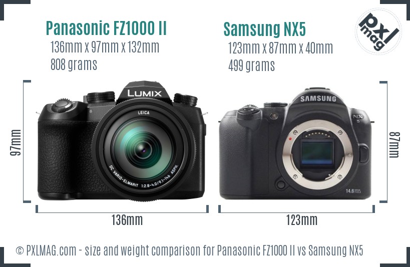 Panasonic FZ1000 II vs Samsung NX5 size comparison