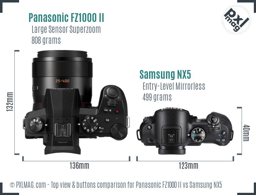 Panasonic FZ1000 II vs Samsung NX5 top view buttons comparison