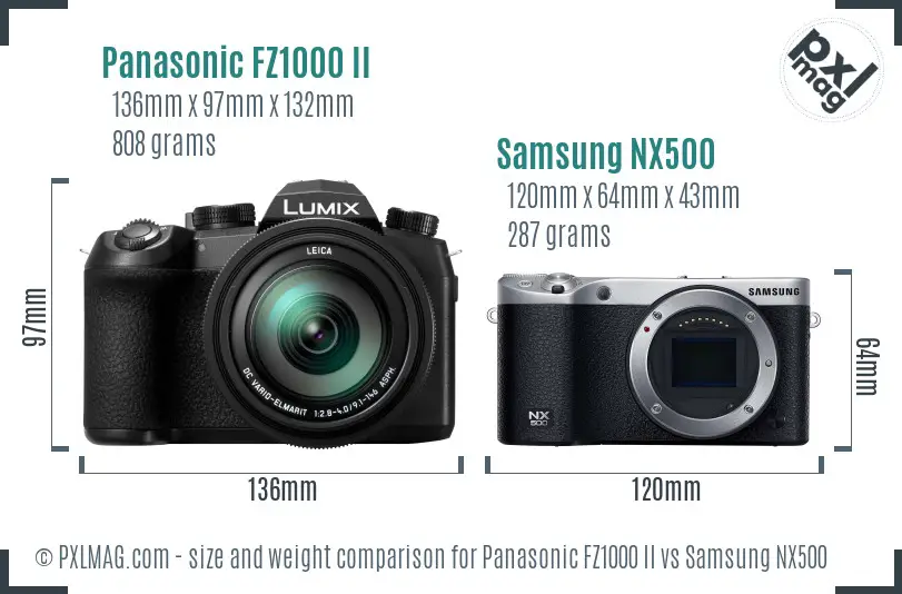 Panasonic FZ1000 II vs Samsung NX500 size comparison