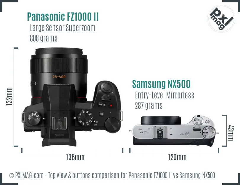 Panasonic FZ1000 II vs Samsung NX500 top view buttons comparison