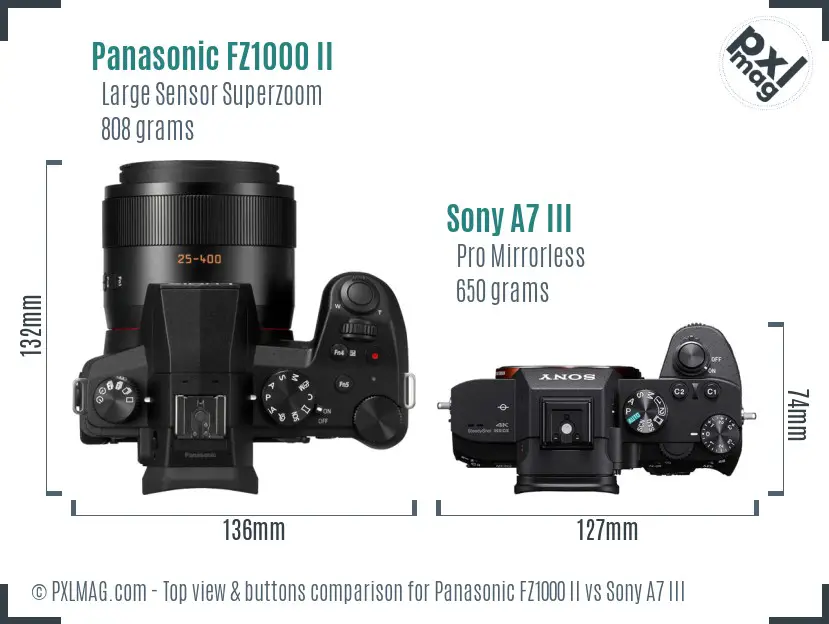 Panasonic FZ1000 II vs Sony A7 III top view buttons comparison