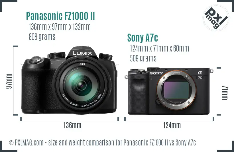 Panasonic FZ1000 II vs Sony A7c size comparison