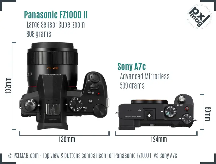 Panasonic FZ1000 II vs Sony A7c top view buttons comparison
