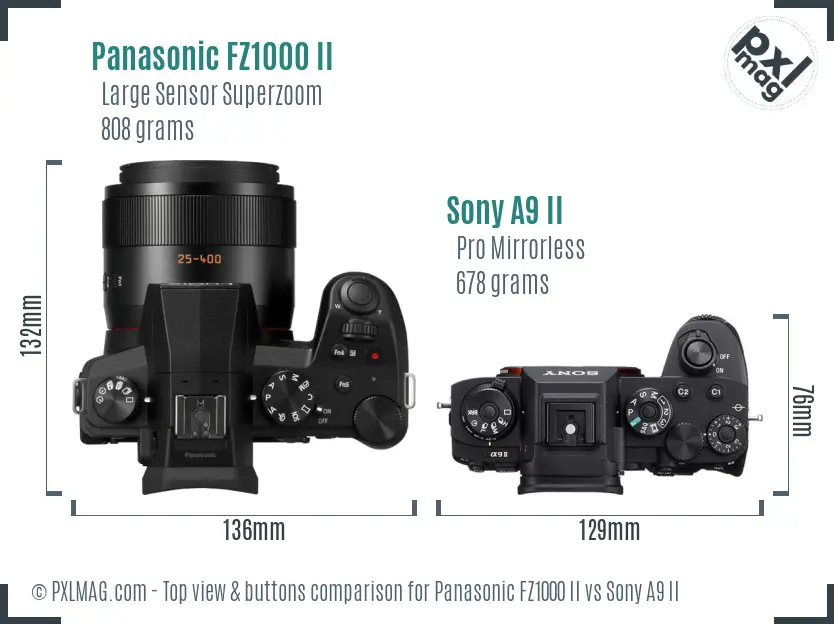 Panasonic FZ1000 II vs Sony A9 II top view buttons comparison