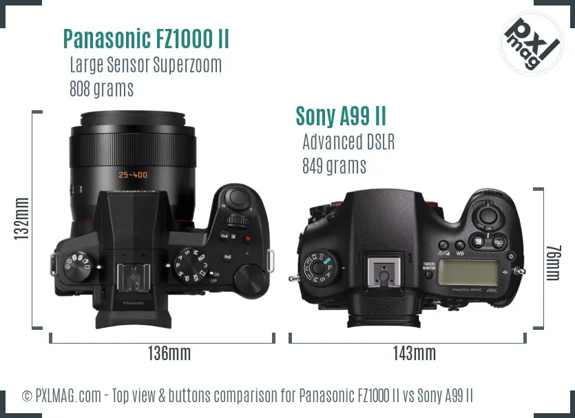Panasonic FZ1000 II vs Sony A99 II top view buttons comparison