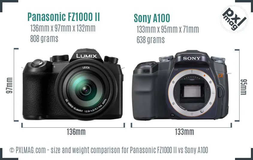 Panasonic FZ1000 II vs Sony A100 size comparison